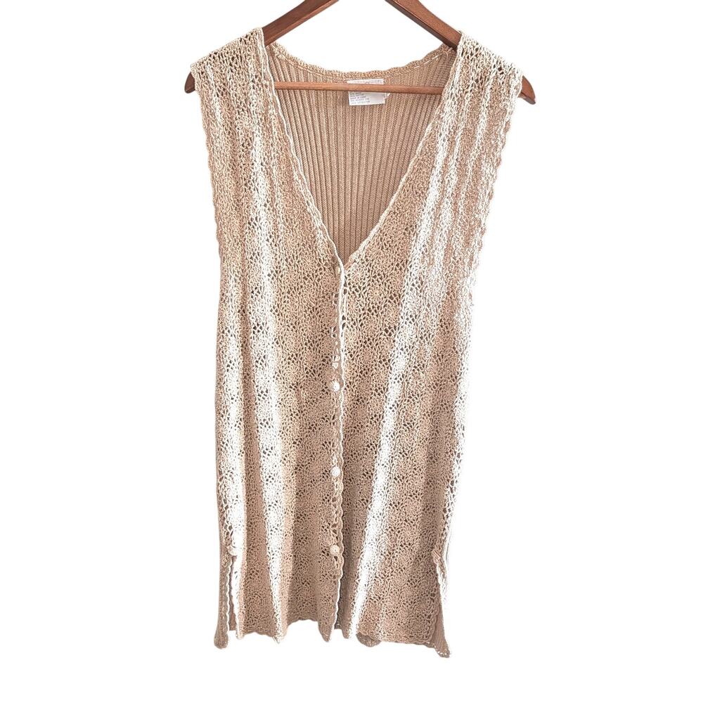 Vintage Pierre Cardin Crochet Knit Vest Cardigan Cotton Button Sz L Beige